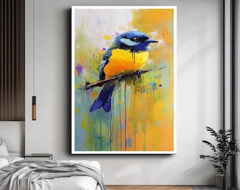 Vibrant Bird Canvas Wall Art - Colorful Blue and Yellow Bird Painting - Nature-Inspired Artwork for Living Room or Bedroom Decor