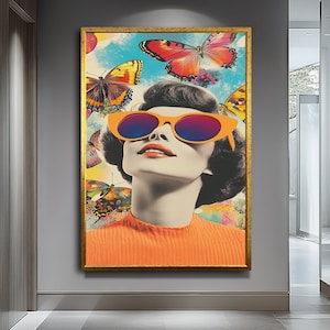 Pop Art Woman with Glasses and Butterflies – Colorful Retro Wall Art – Unique Home Decor