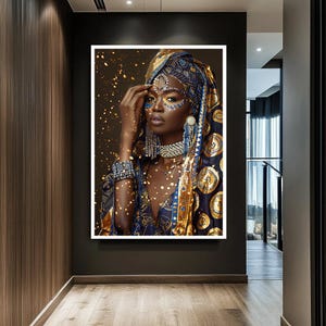 African Woman Portrait Canvas Art, Blue and Gold Headwrap Cultural Wall Decor image 5