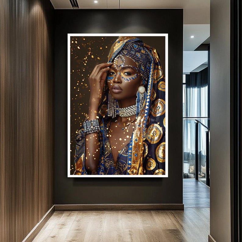 African Woman Portrait Canvas Art, Blue and Gold Headwrap Cultural Wall Decor image 5