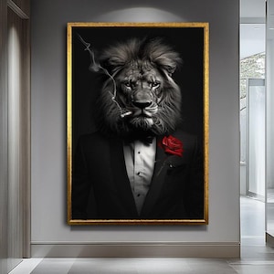 Stampa su tela raffigurante un leone fumatore, moderna arte murale, stampa su tela raffigurante un leone in abito, elegante decorazione murale raffigurante un animale.