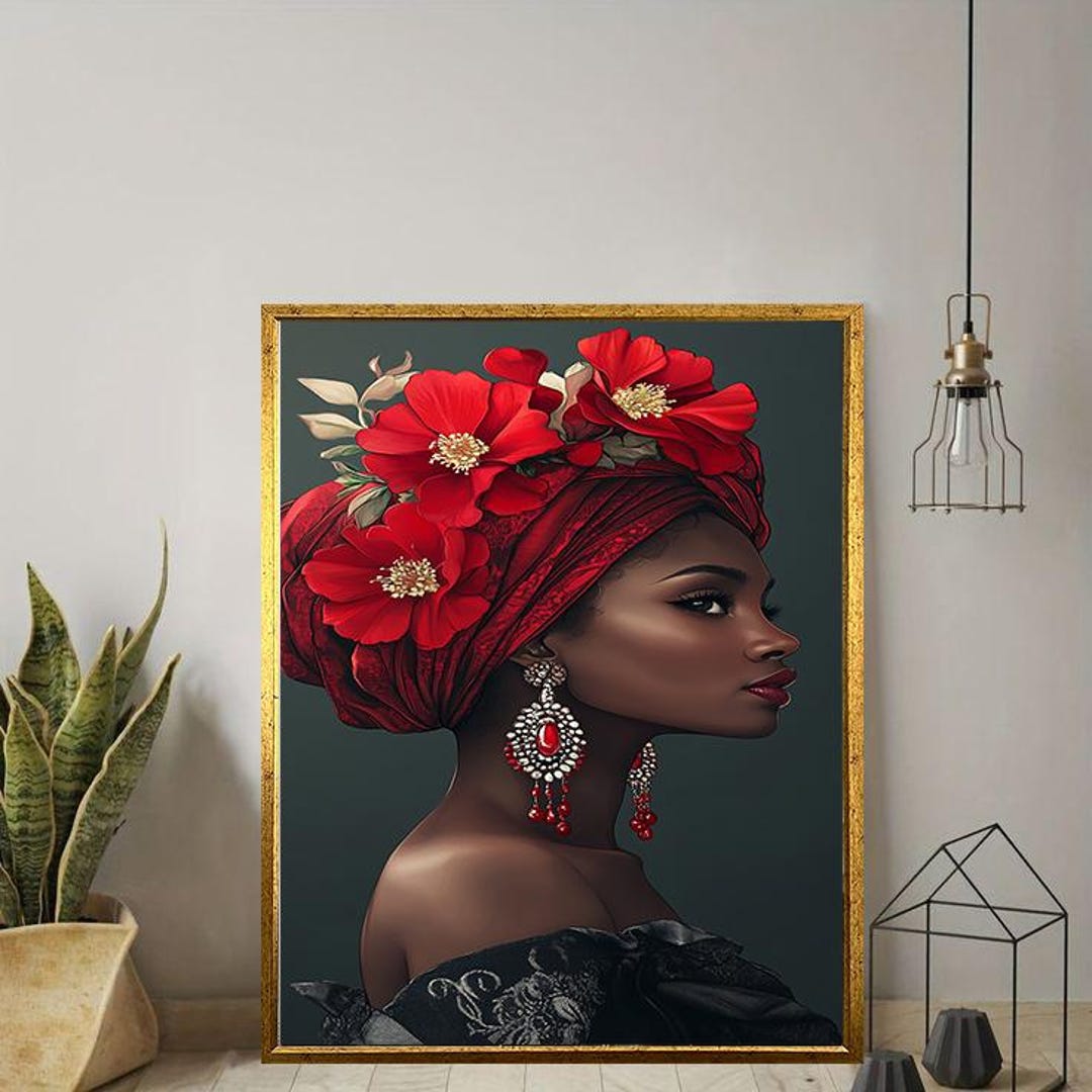 African Woman Wall Art – Red Floral Headwrap Canvas – Elegant Black ...