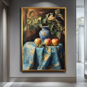 Fruit and Vase on Table Still Life Art | Classic Nature-Inspired Painting | Elegant Home Decor