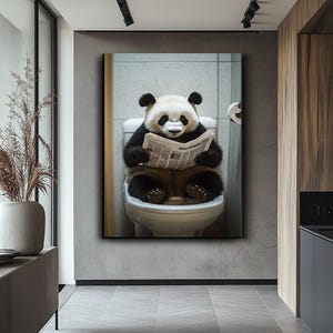 Funny Panda Reading Newspaper on Toilet – Humorous Canvas Print for ...