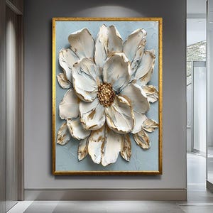 3D weiße Blume Leinwand Kunst | Strukturierte Blumenwanddekor | Moderne handgefertigte weiße Blüte | Elegante Blumenskulptur für Zuhause