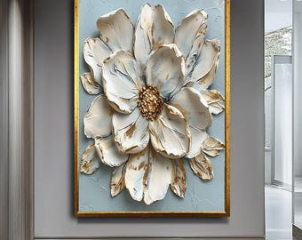 3D White Flower Canvas Art | Textured Floral Wall Decor | Modern Handcrafted White Blossom | Elegant Flower Sculpture Art for Home