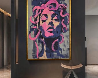 Modern Medusa Wall Art – Bold Feminine Snake Hair Portrait – Mythological Pop Art Canvas – Empowering Dark Goddess Decor
