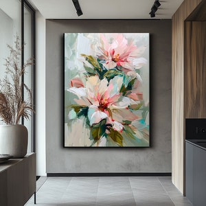 Abstract Pink and White Flower Canvas Art - Soft Floral Wall Decor, Modern Botanical Print for Home ,Large Wall Art