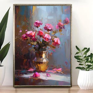 Abstract Rose Bouquet Wall Art – Pink Flowers in Gold Vase Canvas – Romantic Still Life Painting – Textured Floral Home Decor