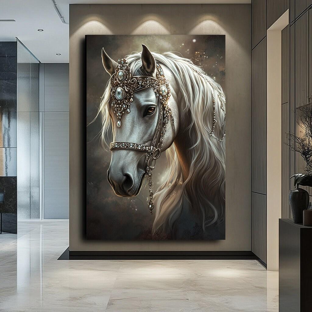 抽象的な白い馬のアート、モダンな馬の壁アート、雄大な抽象的な白い馬