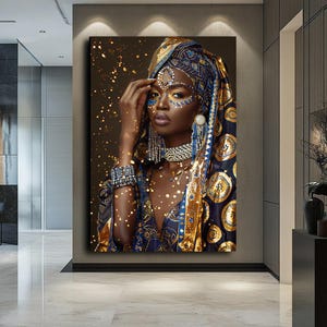 African Woman Portrait Canvas Art, Blue and Gold Headwrap Cultural Wall Decor image 6