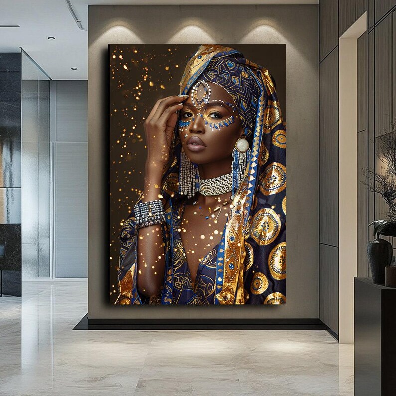 African Woman Portrait Canvas Art, Blue and Gold Headwrap Cultural Wall Decor image 6