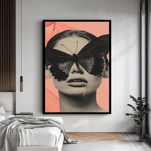 Woman And Butterfly Art,Woman with Butterfly Face Canvas Art ,Whimsical and Colorful Wall Decor, Butterfly Artwork,Wall Art