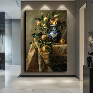 Apple and Vase Art - Still Life Canvas Print, Colorful Fruit and Flower Decor.