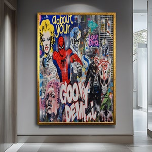 Canvas Graffitipop-art - iconische street art-collage met gedurfde kleuren - stedelijke moderne muurdecoratie - unieke popcultuur