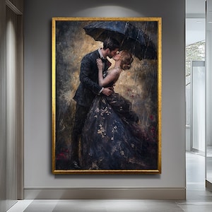 Romantic Kissing Couple Canvas Print, Lovers Under Umbrella Wall Art, Large Modern Love Artwork, Emotional Bedroom Decor, Black and White