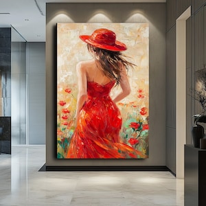 Stylish Canvas Art Print,Elegant Lady in Red Dress and Hat,Vintage Glamour Wall Art,Fashion Portrait Print,High Fashion Canvas Print
