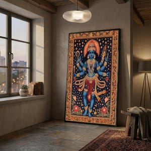 Hindoegodin Durga canvas kunst aan de muur, blauwe meerarmige godheid, traditionele Indiase spirituele canvas, sierlijke goddelijke figuur, etnisch huis