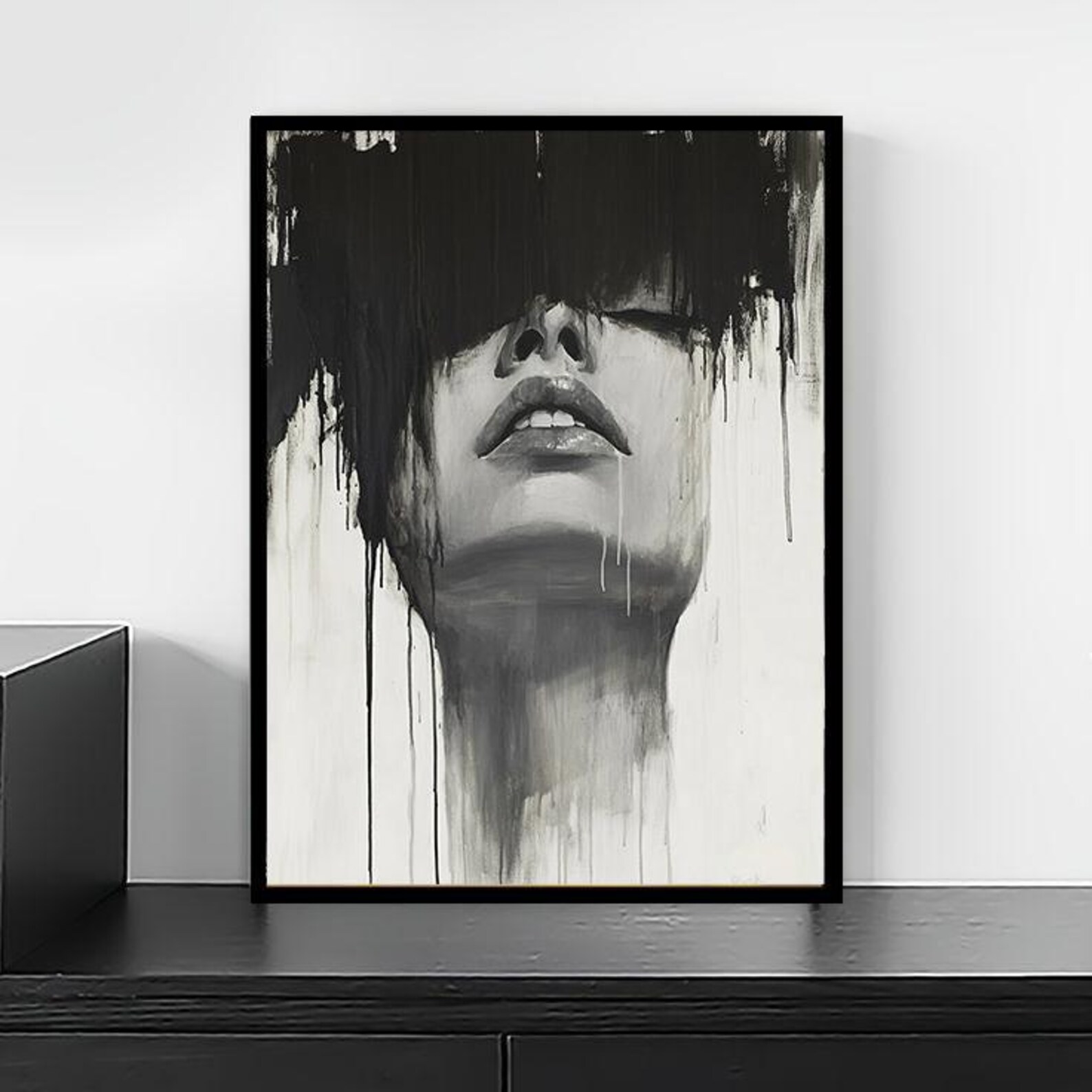 Abstract Woman Portrait Wall Art – Dripping Black Paint Face Canvas ...