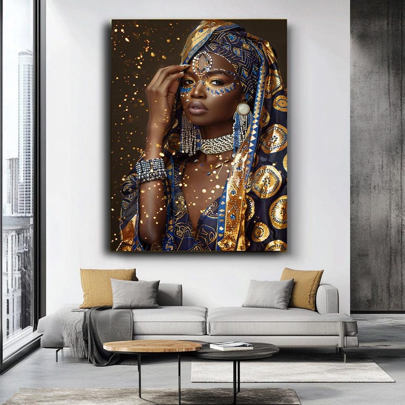 African Woman Portrait Canvas Art, Blue and Gold Headwrap Cultural Wall Decor image 3