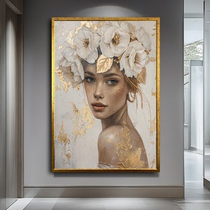 Flower Head Woman Art,woman canvas print, flower canvas art wall art,Enchanting Floral Portrait Canvas Print,Whimsical Nature-Inspired Decor