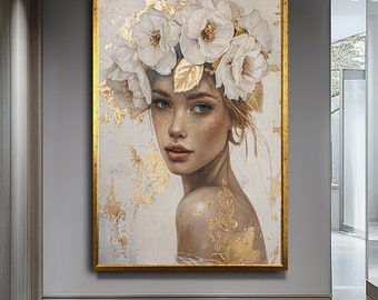 Flower Head Woman Art,woman canvas print, flower canvas art wall art,Enchanting Floral Portrait Canvas Print,Whimsical Nature-Inspired Decor