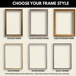 a collection of six different frame styles, including antique, silver, aged patterned, gold, silver, and black frames, each with its own unique design and color.
