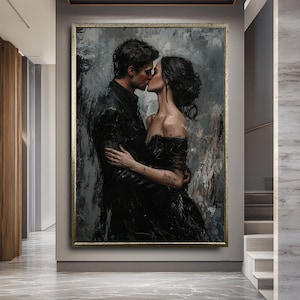 Kissing Couple Canvas Print, Romantic Lovers Wall Art, Large Modern Black and White Love Artwork, Emotional Bedroom Decor, Couple Wall Art