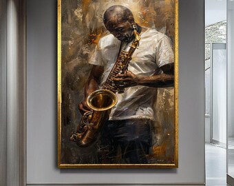 Canvas schilderij van een saxofonist, kale zwarte man met gouden saxofoon, expressief hedendaags realisme, decoratie voor een muziekkamer, cadeau voor jazzliefhebbers