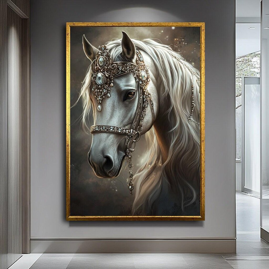 抽象的な白い馬のアート、モダンな馬の壁アート、雄大な抽象的な白い馬