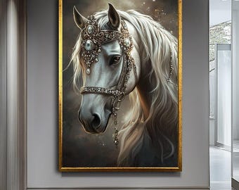 Arte abstracto de caballo blanco, Arte moderno de pared de caballo, Majestuoso lienzo abstracto de caballo blanco, Elegante decoración equina, Arte moderno de pared de animales