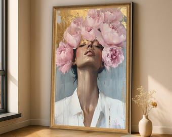 May include: A framed vertical wall art print depicting a person with eyes closed, wearing a white collared shirt, with a large arrangement of soft pink peony flowers surrounding the head against a textured gold and grey background.
