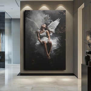 Winged Woman Art - Enchanting Canvas Print of Winged Female Figure, Fantasy Wall Decor.