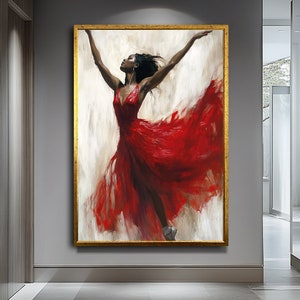 Graceful Black Woman in Red Dress, Ballerina Style Dance Art, Elegant Wall Decor,Ballerina Canvas Art Print,Black Woman Art,Wall Art