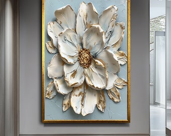 3D White Flower Canvas Art | Textured Floral Wall Decor | Modern Handcrafted White Blossom | Elegant Flower Sculpture Art for Home