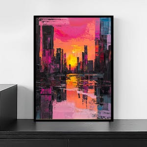 Abstract Cityscape Sunset Wall Art – Vibrant Skyline Canvas – Neon Pink and Orange Modern Painting – Urban Landscape Print