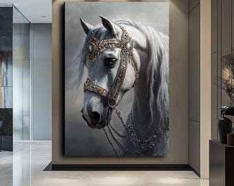 Arte abstracto de caballo blanco, Arte moderno de pared de caballo, Majestuoso lienzo abstracto de caballo blanco, Elegante decoración equina.