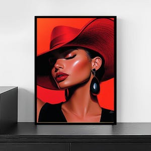 Art mural femme au chapeau rouge audacieux - Portrait glamour sur toile - Illustration élégante de femme fatale - Déco moderne chic
