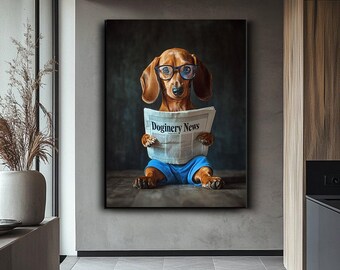 Adorable Dog Canvas Art,Dog Reading Newspaper ,Canvas Print of a Sitting, Glasses-Wearing Pup, Wall Art for Dog Lovers, Unique Home Decor