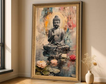 Può includere: Una stampa artistica incorniciata raffigurante una figura di Buddha seduta in posizione meditativa, centrata su uno sfondo astratto con spruzzi di oro, blu e rosa. Sotto la figura, diversi fiori di loto rosa e bianchi galleggiano sull'acqua.