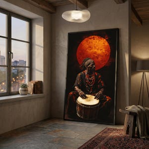 African Drummer with Red Beads, Ethnic Music Canvas Wall Art, Tribal Rhythm Art, Cultural Home Decor, Vibrant Sunset Background