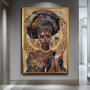 Elegant African Woman with Ethnic Patterns Canvas Art,Sophisticated Cultural Portrait, Modern Tribal Wall Decor.