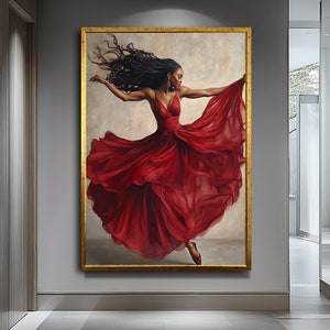 Afrikaanse vrouw in rode jurk canvas, ballerina canvas art print, zwarte vrouw kunst, muur kunst ballerina stijl dans kunst, elegante muur decor