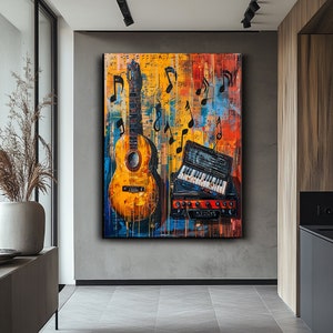 Musical Instruments Canvas Art,Abstract Guitar and Musical Instruments Canvas Art,Vibrant Music Wall Decor, Modern Art for Music Lovers