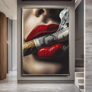 Seductive Woman with Red Lips and Cigar Canvas Art ,Bold and Sensual Wall Decor, Glamorous Feminine Portrait.