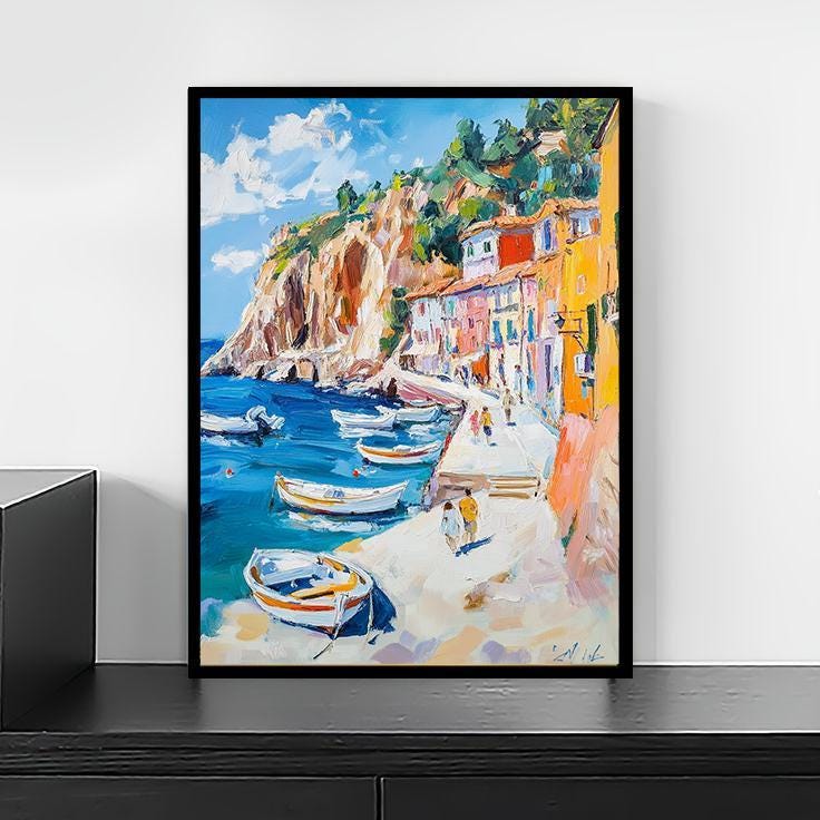 Mediterranean Coastal Village Wall Art – Colorful Seaside