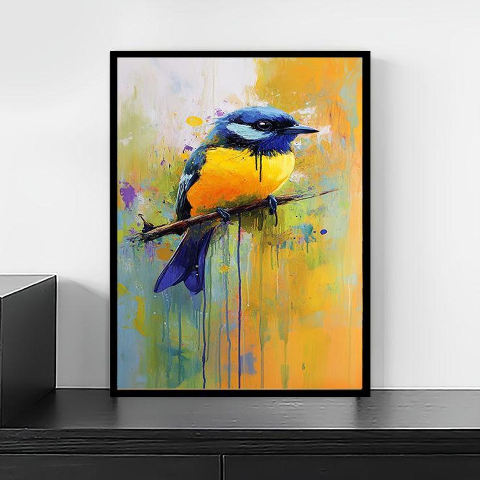 Vibrant Bird Canvas Wall Art - Colorful Blue and Yellow Bird Painting ...