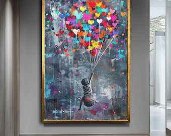 最終価格【BANKSY ART CANVAS バンクシー風船のアートキャンバス】 バンクシーの風船を持った少女のキャンバス：モダングラフィティアート
