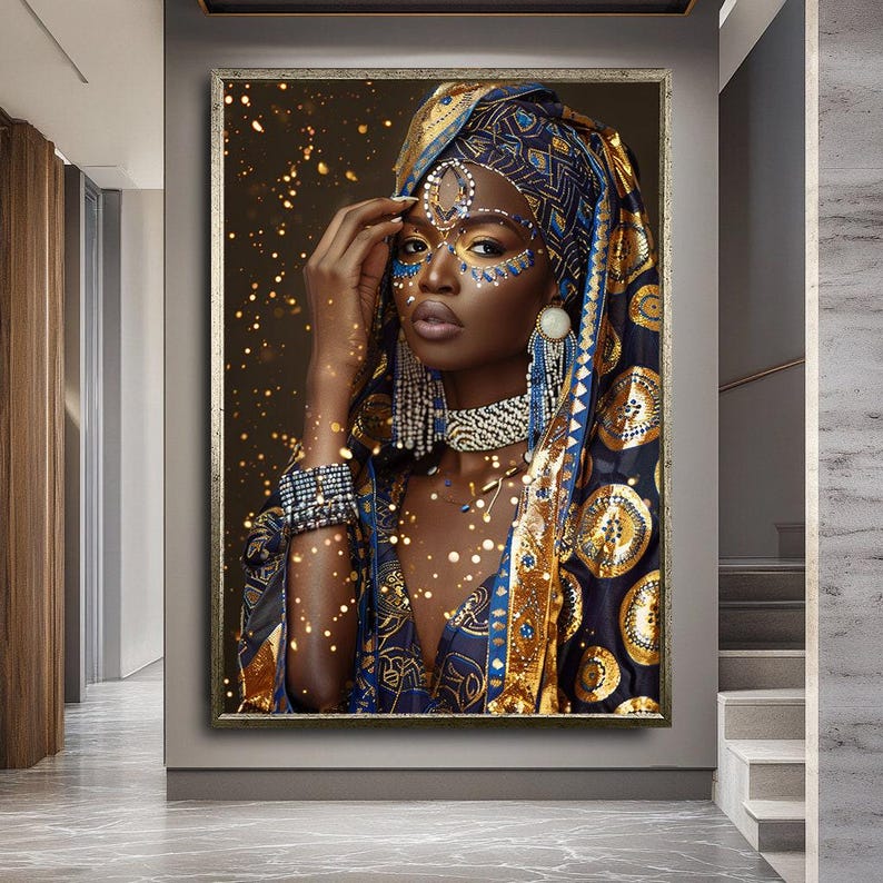 African Woman Portrait Canvas Art, Blue and Gold Headwrap Cultural Wall Decor image 4
