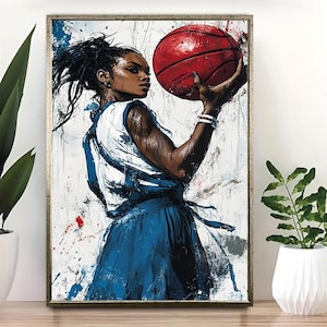 Quadro da parete raffigurante un&#39;atleta di basket – Stampa su tela con un&#39;atleta potente – Poster di sport urbani – Opera d&#39;arte moderna raffigurante una donna afro per l&#39;arredamento della sala giochi